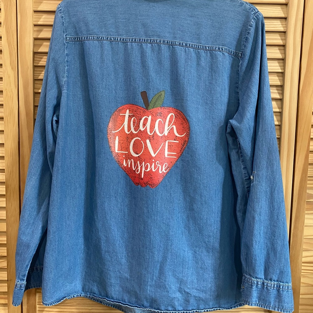 Blue Denim Shirt with Apple Graphic